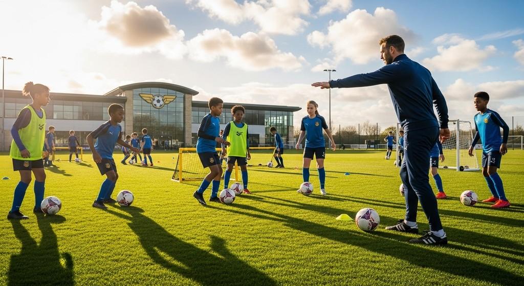 A coach leading a youth training session on a sunny field